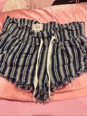 BDG Navy and White Striped High-Waist Drawstring Shorts